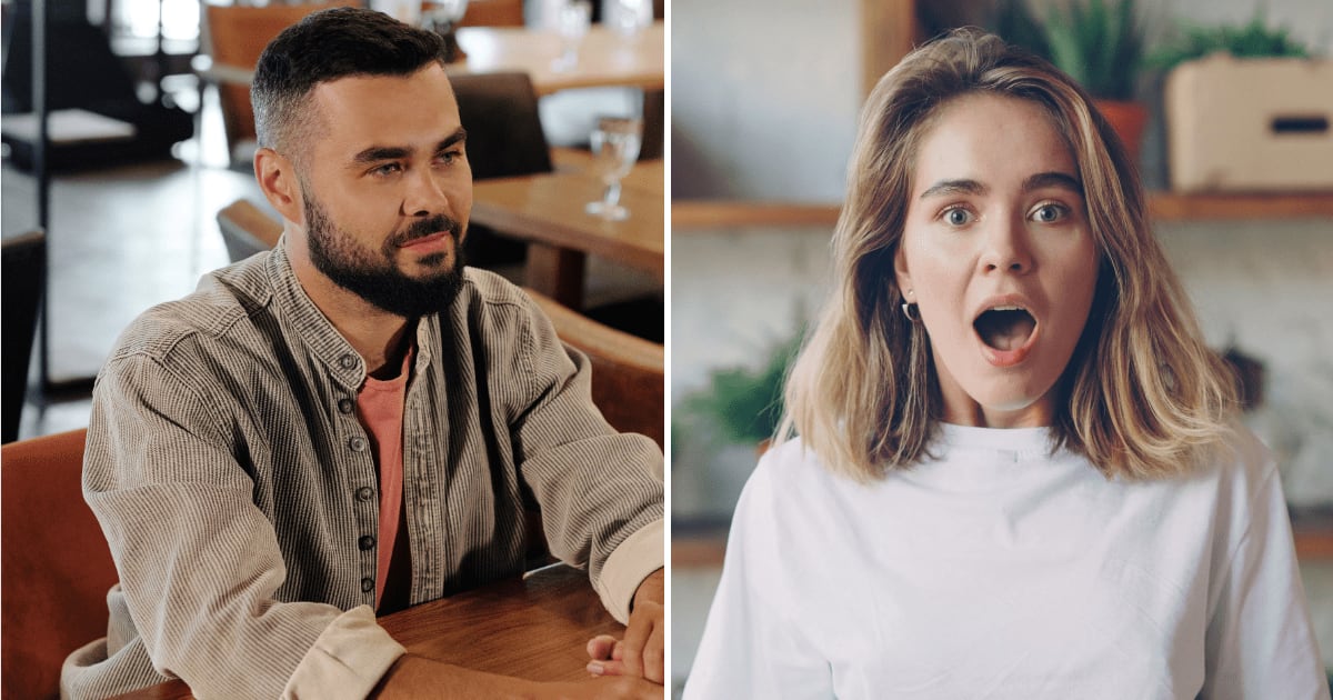 (L) Man on a date. (R) Shocked woman. (Representative Cover Image Source: Pexels | (L) Jep Gambardella, (R) Vitaly Gariev)