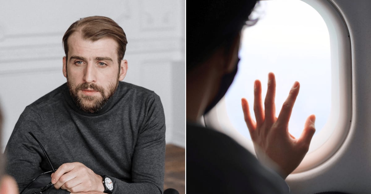 (L) A man looks concerned while looking at someone. (R) A passenger seated near airplane exit, acting unusually. (Representative Cover Image Source: Pexels| (L) Cottonbro Studio, (R) Quionie Gaban)