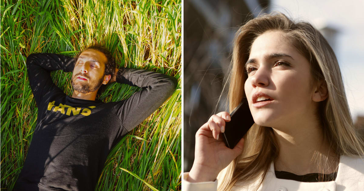 (L) Man lying on grass. (R) Scared woman on call. (Representative Cover Image Source: Pexels | (L) Efdal YILDIZ, (R) Andrea Piacquadio)