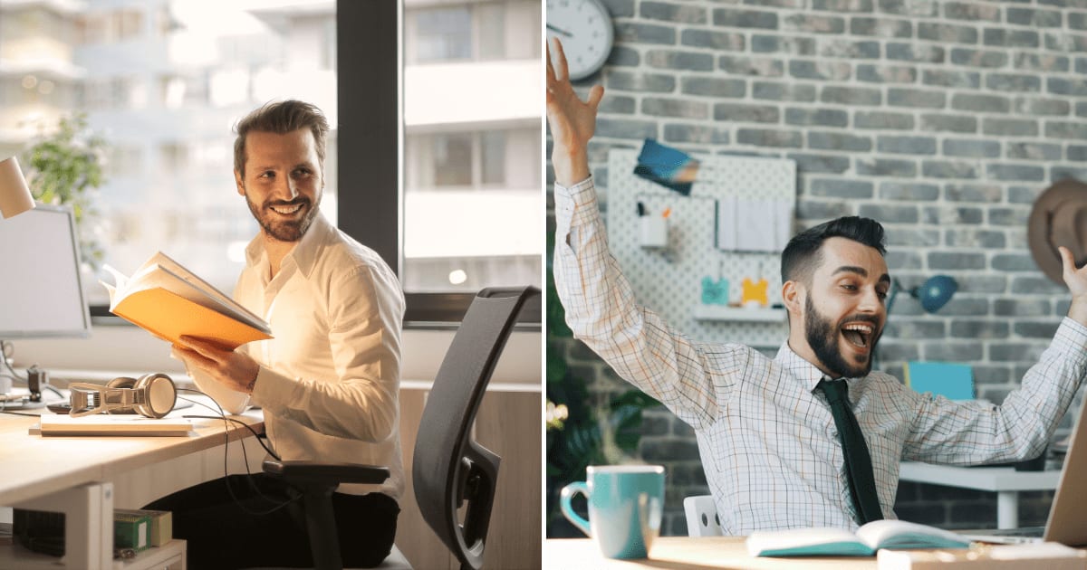 (L) An employee smiling at a coworker with a book in hand. (R) An employee smiling with joy, looking at his laptop. (Representative Cover Image Source: Pexels | (L) Andrea Piacquadio, (R) Vitaly Gariev)