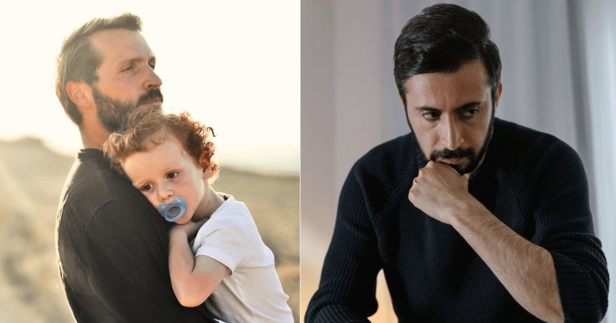(L) A man looks concerned as he carries toddler. (R) A man pondering deeply. (Representative Cover Image Source: Pexels| (L) Andrea Piacquadio, (R)Mart Production)