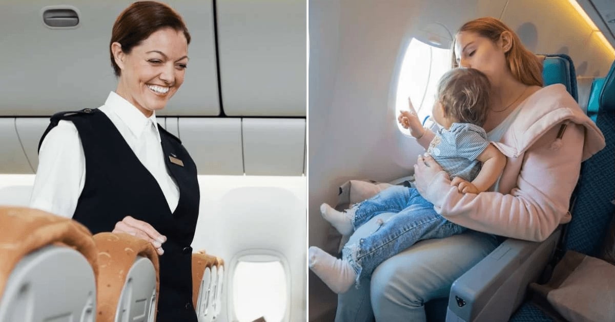 (L) A flight attendant is speaking with a passenger. (R) A mom and fussy child in a plane. (Representative Cover Image Source: Getty Images| L - Thomas Barwick, R - Argutinskaya)