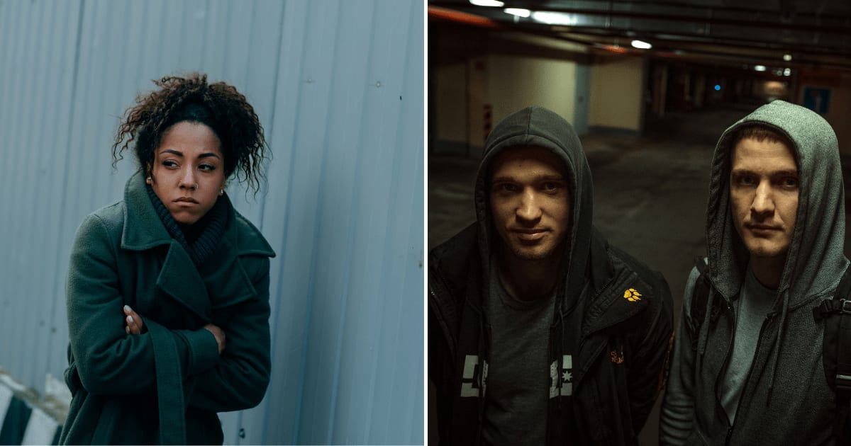 (L) A woman walking alone, looking frightened. (R) Two men smiling with a creepy stare. (Representative Cover Image Source: Pexels | (L) Mikhail Nilov, (R) Pavel Polyakov)