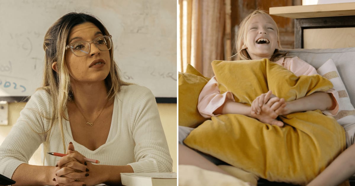 (L) A teacher talking to students.(R) A girl giggling while sitting on a sofa at home. (Representative Cover Image Source: Pexels | (L) Eduard Perez, (R) cottonbro studio)
