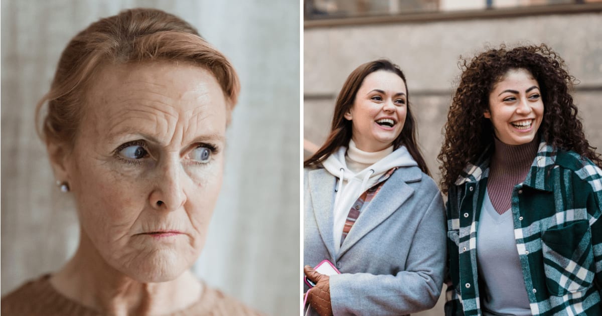 (L) Angry older woman. (R) Two women laughing. (Representative Cover Image Source: Pexels | (L) Teona Swift, (R) Tim Douglas)