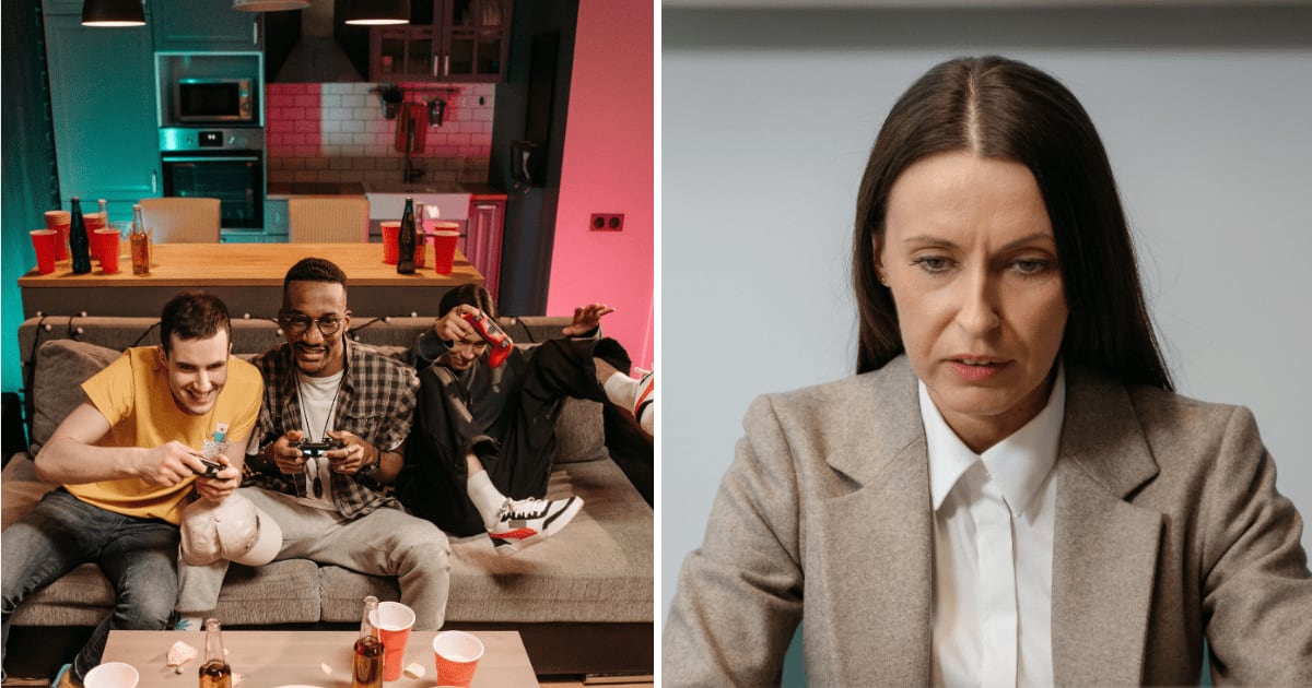 (L) College boys playing games in a room. (R) A woman looks in disbelief. (Representative Cover Image Source: Pexels | (L) Pavel Danilyuk, (R) MART PRODUCTION)