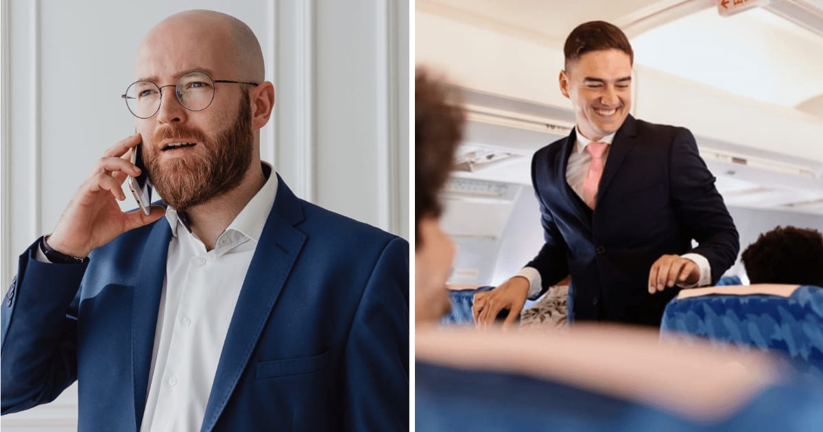 (L) Man on call. (R) Male flight attendant. (Representative Cover Image Source: Pexels, Getty Images | (L) kaboompics, (R) Anchiy)