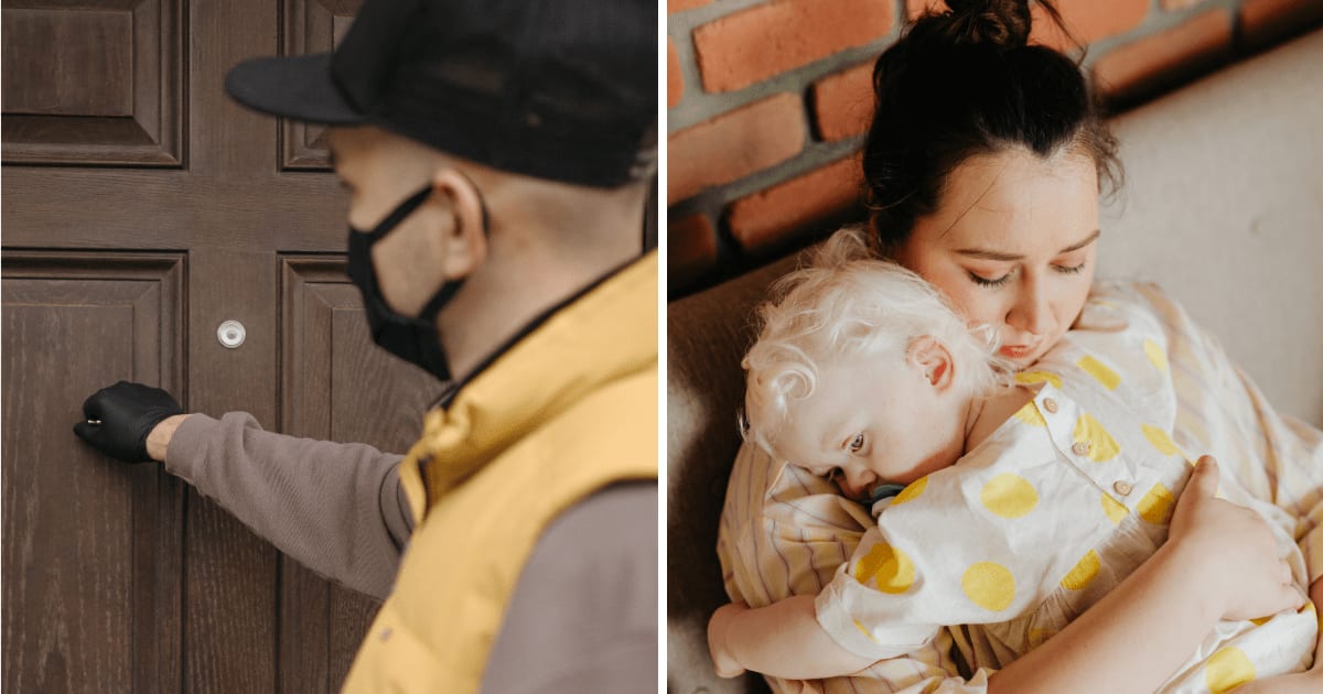 (L) Man knocking on door. (R) Worried mom holding toddler. (Representative Cover Image Source: Pexels | (L) Pavel Danilyuk, (R) kaboompics)