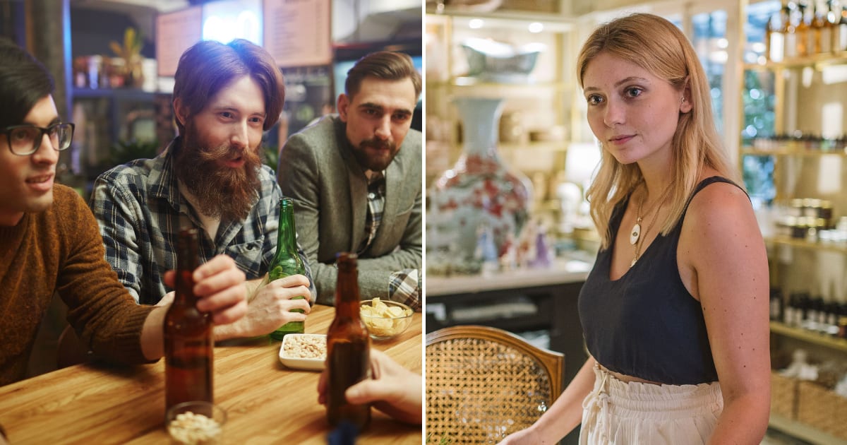 (L) Three men at a restaurant. (R) A waitress looking intently at someone while serving tables. (Representative Cover Image Source: Pexels | (L) Pressmaster, (R) Pırıl Şahin)