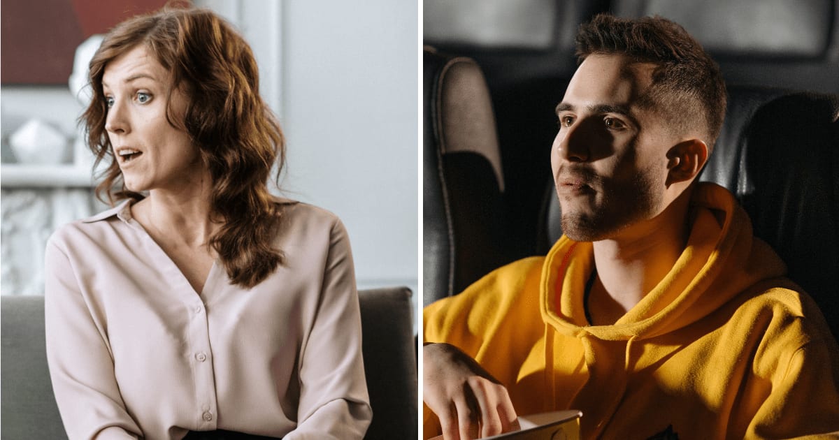 (L) Annoyed woman. (R) Man watching something while traveling. (Representative Cover Image Source: Pexels | (L) cottonbro studio, (R) Pavel Danilyuk)