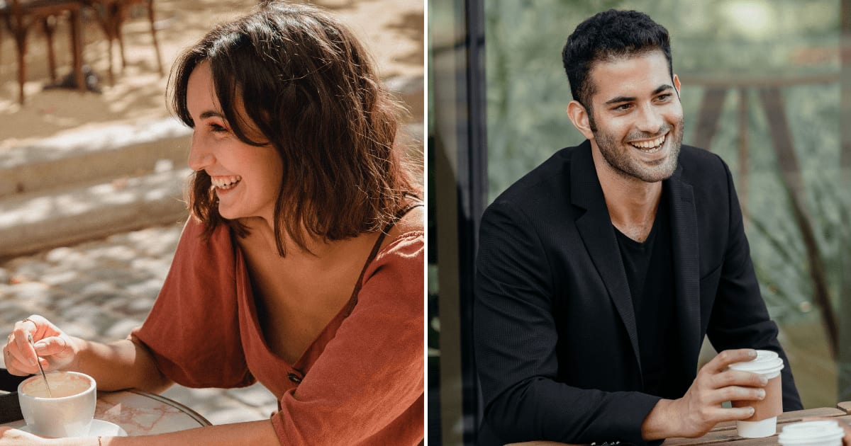 (L) A woman laughing while talking to someone while sipping coffee. (R) A man at a cafe in a delightful conversation with someone. (Representative Cover Image Source: Pexels | (L) Bethany Ferr, (R) RDNE Stock project)