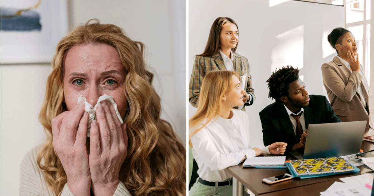 (L) Woman having an allergic reaction. (R) Stunned coworkers. (Representative Cover Image Source: Pexels | (L) cottonbro studio, (R) Adventure Studio)