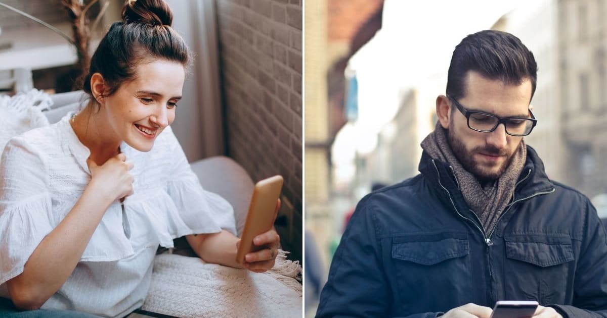 (L) A woman happily chatting with someone. (R) A man secretly using his phone. (Representative Cover Image Source: Pexels | (L) Helena Lopes, (R) Andrea Piacquadio) 