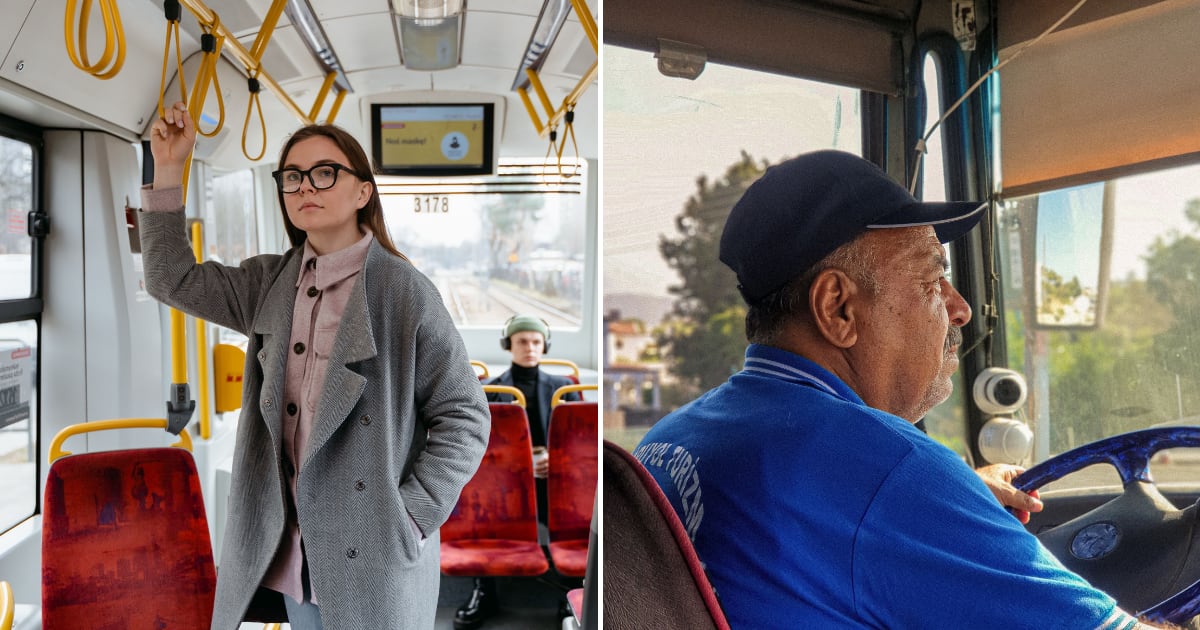 (L) A woman standing on a bus waiting for her stop. (R) A bus driver driving the bus. (Representative Cover Image Source: Pexels | (L) MART PRODUCTION, (R) Boss kewell)