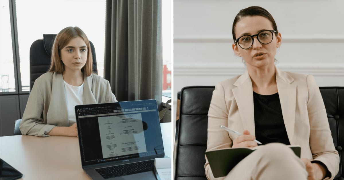 (L) Woman in an interview. (R) HR taking interview. (Representative Cover Image Source: Pexels | (L) Tima Miroshnichenko, (R) MART PRODUCTION)