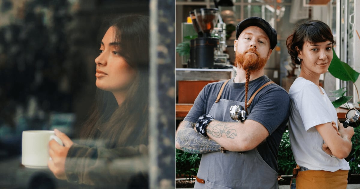 (L) A woman looking intently while having coffee at a cafe. (R) A waitress and restaurant worker smile. (Representative Cover Image Source: Pexels| L - Issam Hajri, R - Tim Douglas)