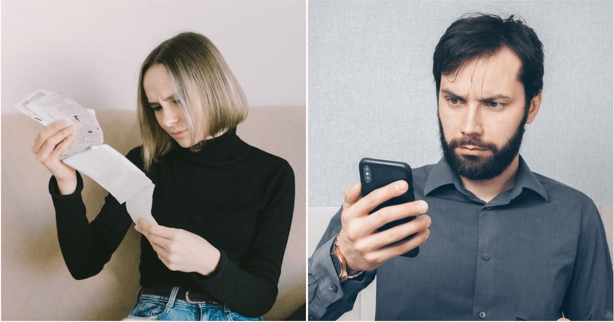 (L) A woman looks stressed while checking bills. (R) A man looks shocked while looking at his phone. (Representative Cover Image Source: Pexels| L - Nataliya Voitkevich, R - Mikhail Nilov)