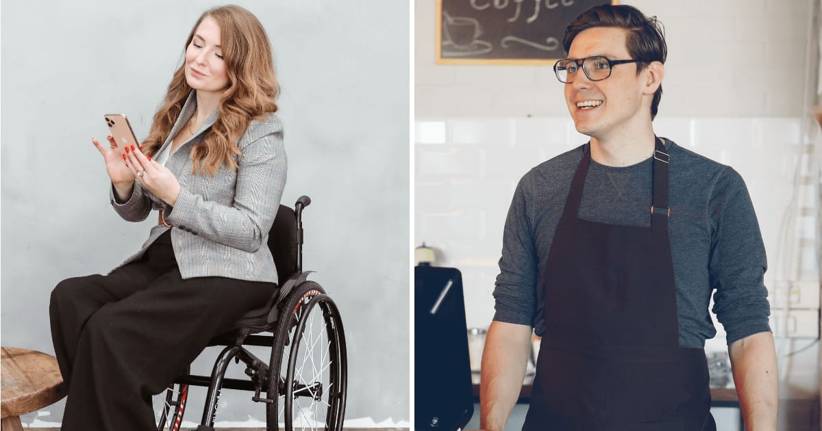 (L) Woman in a wheelchair in a store. (R) Male employee talking to someone. (Representative Cover Image Source: Pexels | (L) Marcus Aurelius, (R) Vitaly Gariev)