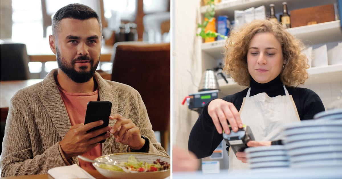 (L) Man on a date looks awkwardly. (R) Waitress taking out the bill. (Representative Cover Image Source: Pexels | (L) Jep Gambardella, (R) Kampus Production)