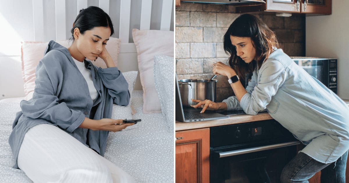 (L) A woman using her phone while lying on bed. (R) A woman suspiciously looking at her laptop while standing in the kitchen. (Representative Cover Image Source: Pexels | (L) MART PRODUCTION, (R) Elina Fairytale)