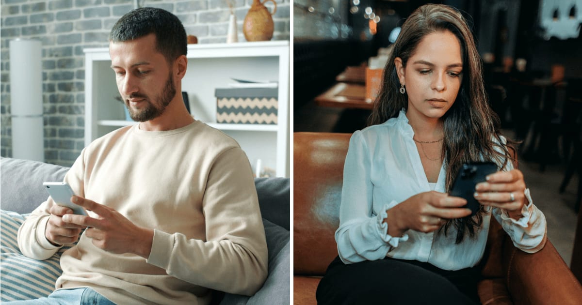 (L) Man using phone. (R) Stunned woman texting. (Representative Cover Image Source: Pexels | (L) Vitaly Gariev, (R) Helena Lopes)
