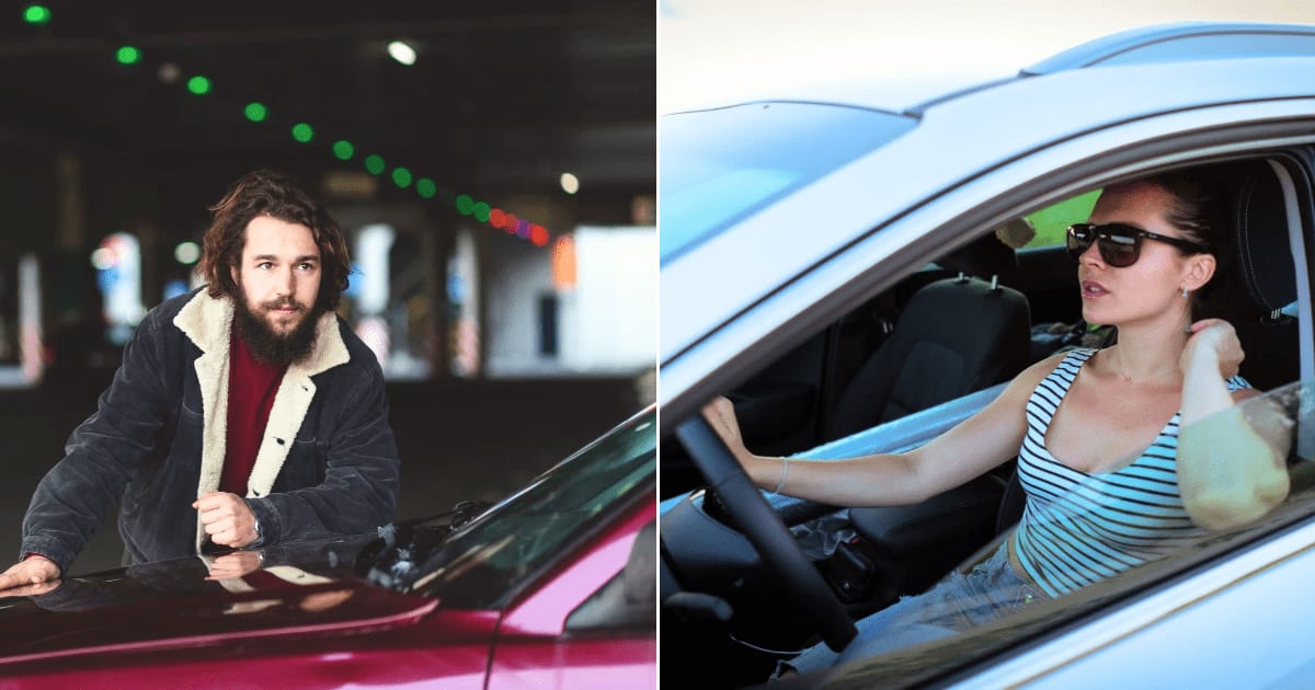 (L) A man stands suspiciously beside car in parking lot. (R) A concerned woman observing intently from her car. (Representative Cover Image Source: Pexels | L - Aliaksei Smalenski, R - freestockpro)