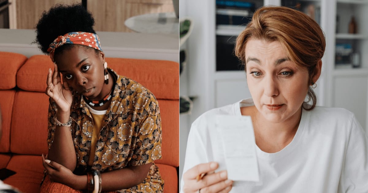 (L) A woman holds her head in frustration. (R) A woman looks confused and shocked on looking at ticket. (Representative Cover Image Source: Pexels| Diva Plavalaguna, R - Karola G)