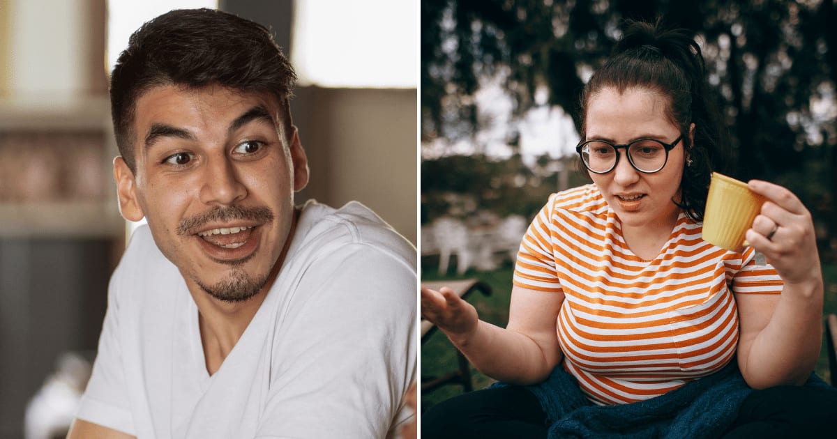 (L) A man laughing and having a conversation with someone. (R) A woman looks disappointed. (Representative Cover Image Source: Pexels | (L) Ketut Subiyanto, (R)  Helena Lopes)