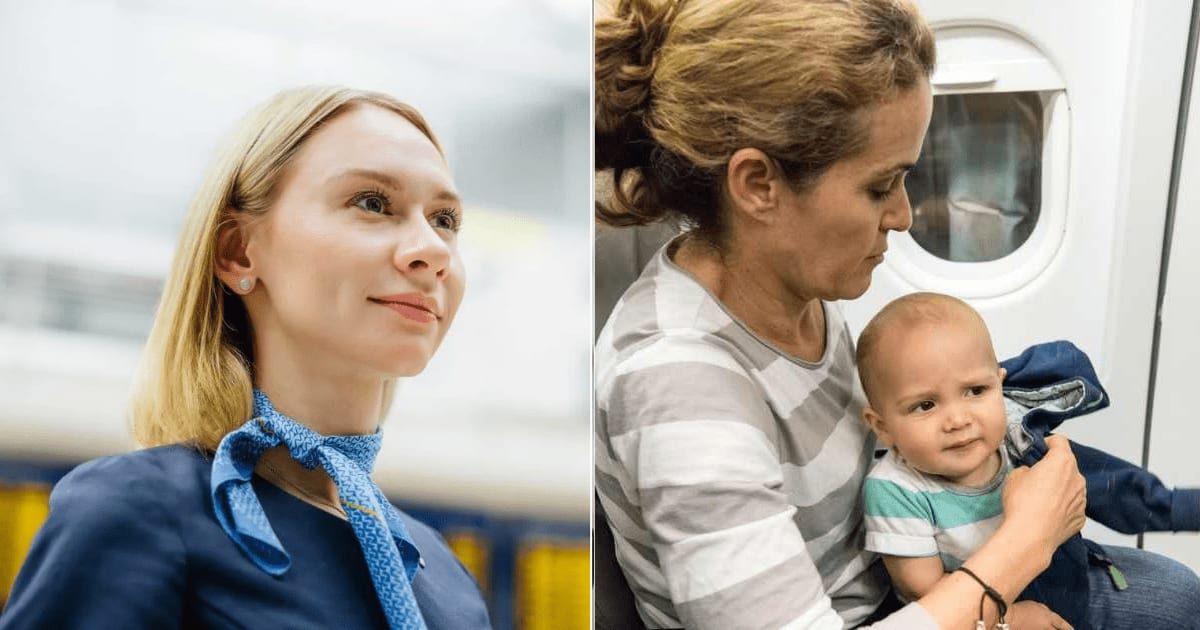 (L) A flight attendant gives a warm smile. (R) A frustrated mom holding an antsy toddler on a plane. (Representative Cover Image Source: Getty Images| L - Hinterhaus Productions, R - Juanmonino)