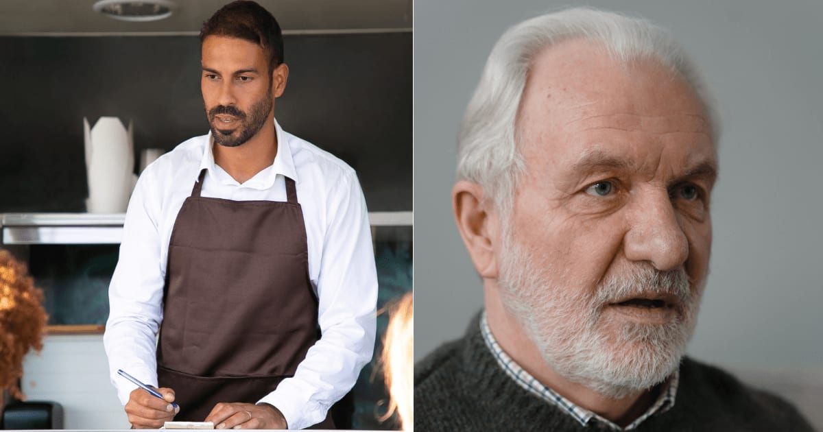 (L) Employee looks angry while taking orders. (R) An elderly man looking shocked. (Representative Cover Image Source: Pexels | (L) Kampus Production, (R) SHVETS production)
