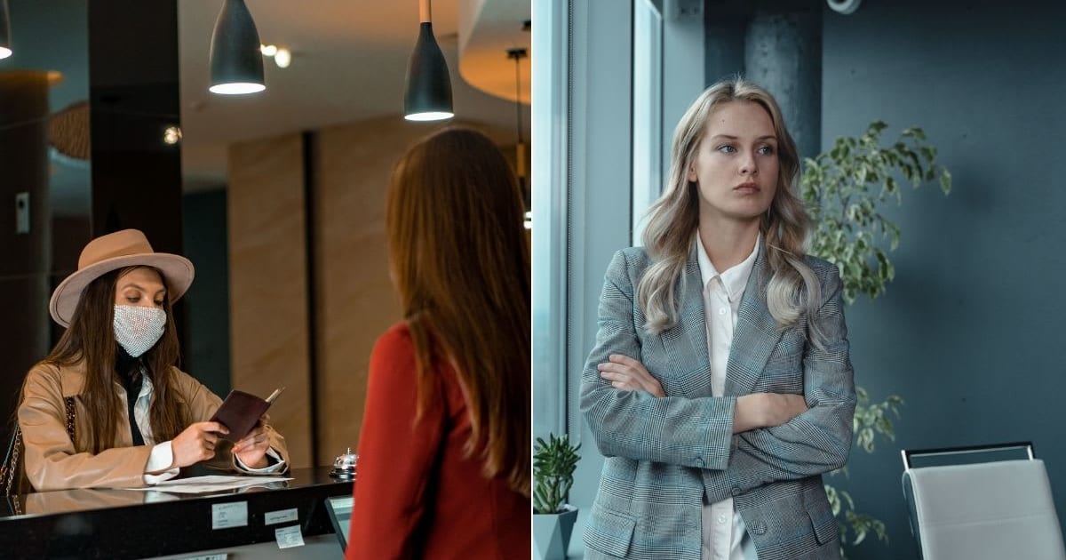 (L) A woman wearing a mask checks in at a hotel reception desk. (R) Woman looks frustrated. (Representative Cover Image Source: Pexels | L - Mikhail Nolov, R - Tima Miroshnichenko)