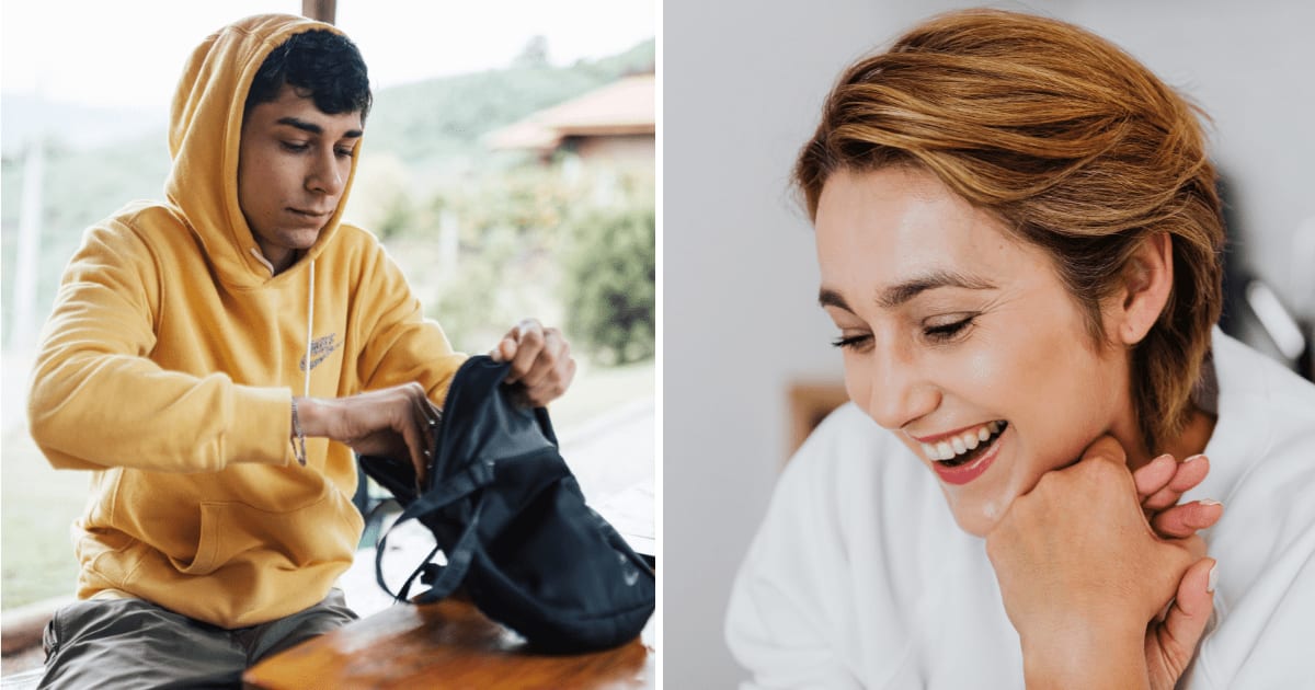 (L) Teenage boy keeping things in his bag. (R) Happy woman. (Representative Cover Image Source: Pexels | (L) Matheus Bertelli, (R) kaboompics)