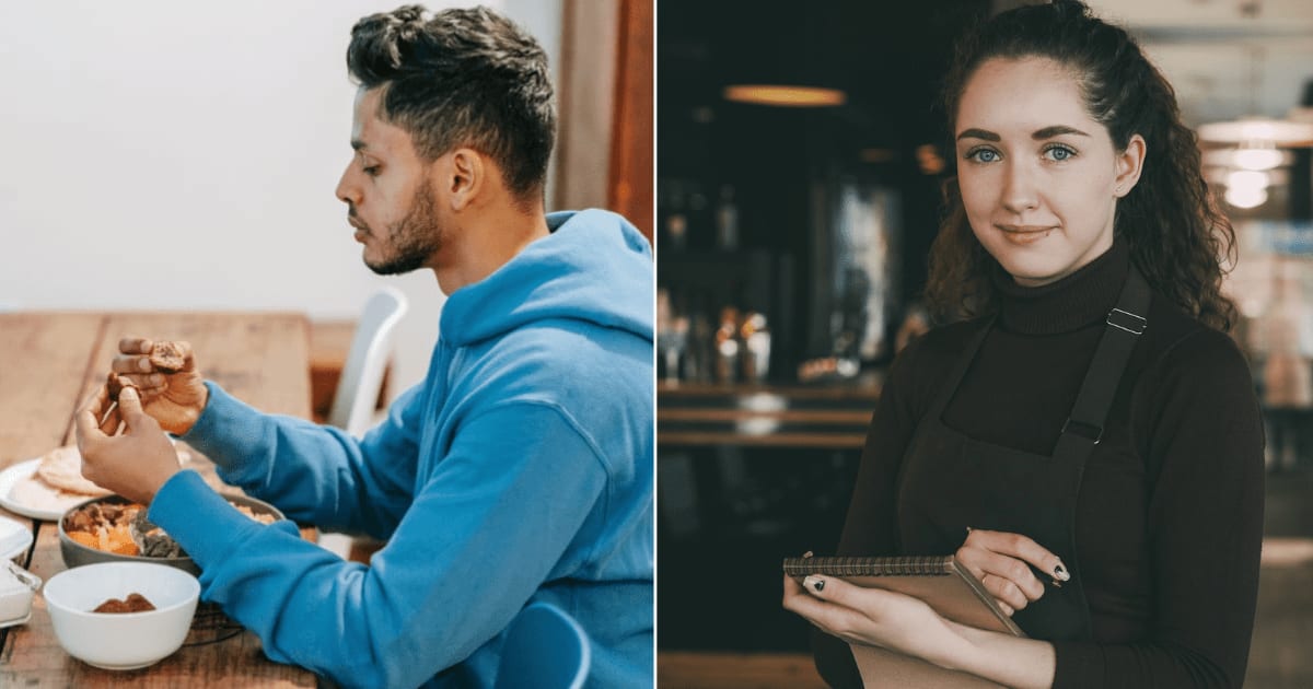 (L) A man eating at a restaurant looking at his food. (R) A waitress. (Representative Cover Image Source: Pexels | (L) Michael Burrows, (R) Vitaly Gariev)