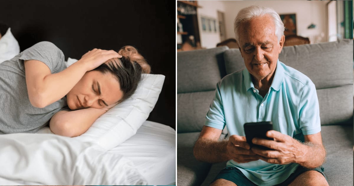 (L) A woman struggling to sleep due to noise. (R) An old man texting. (Representative Cover Image Source: Pexels | (L) Kampus Production, (R) Helena Lopes)