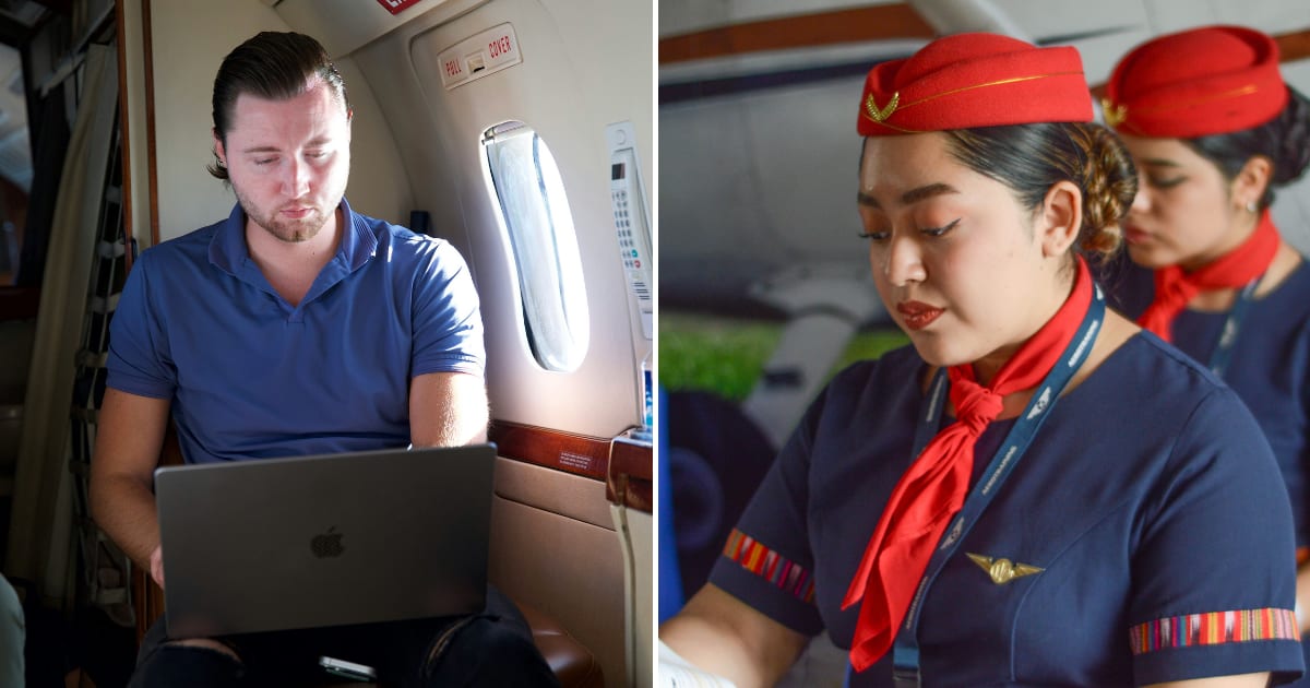 (L) A passenger using his laptop on flight. (R) Flight attendants looking at something while ready to board. (Representative Cover Image Source: (L) Unsplash | Photo by Chase Chappell, (R) Pexels | Alejandro Quiñonez)