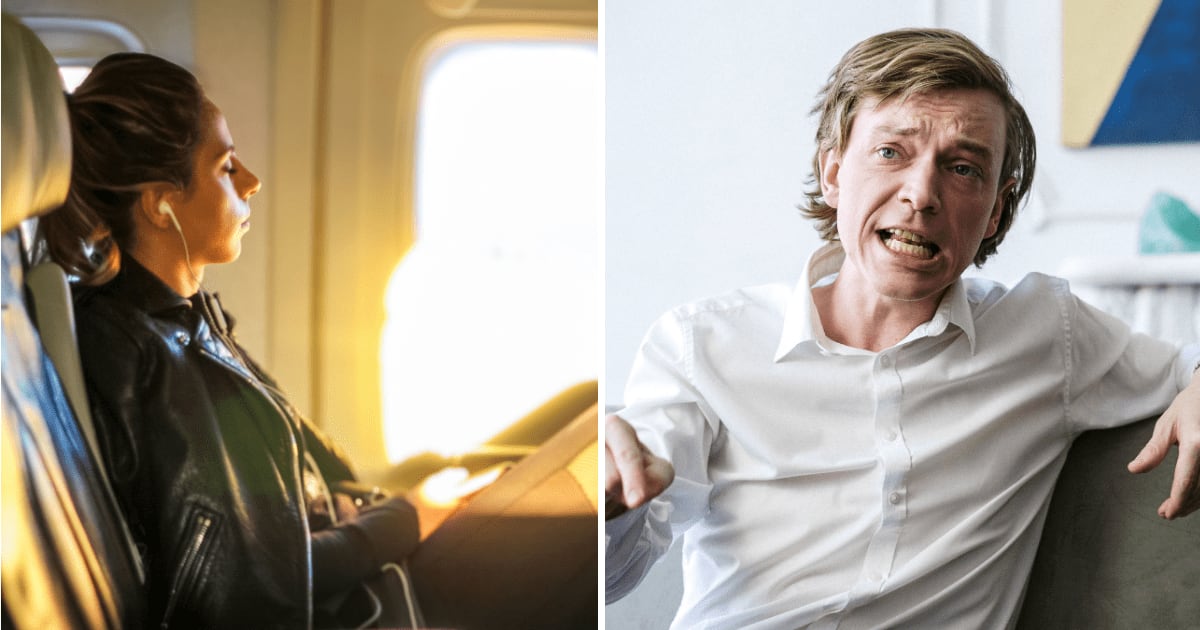(L) Woman sitting in a flight. (R) Annoyed man. (Representative Cover Image Source: Pexels | (L) Richard Harris, (R) cottonbro studio)