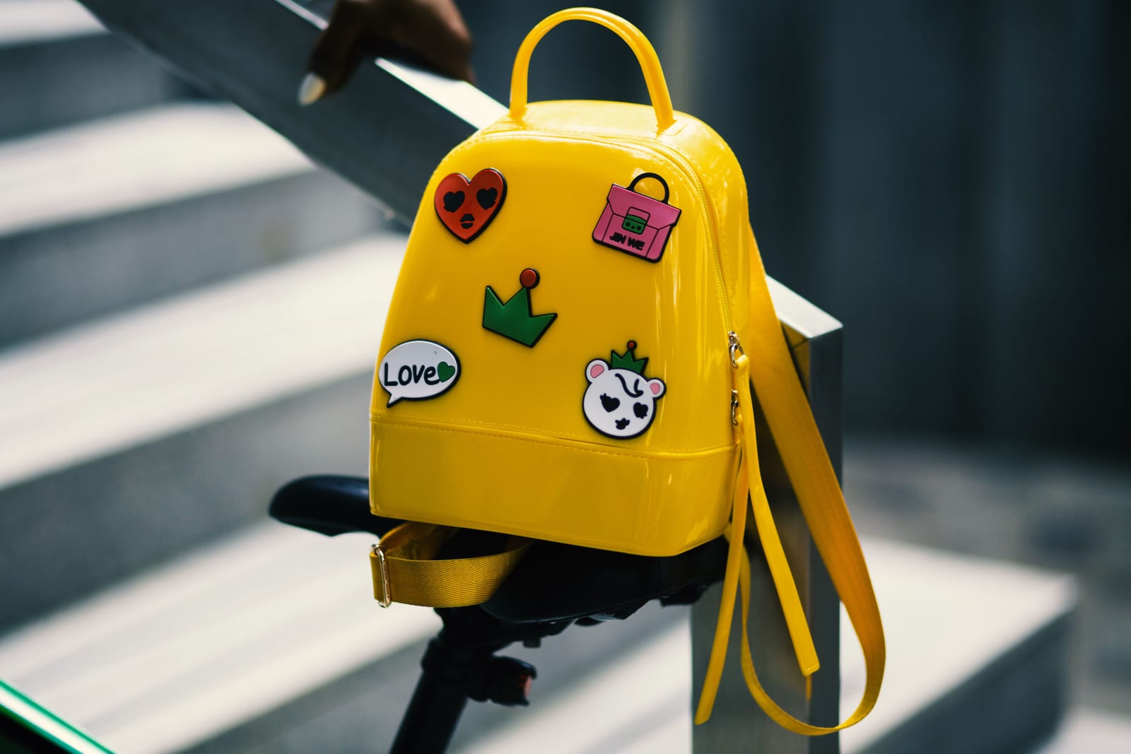 A child's backpack lying unattended.