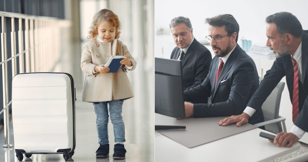(L) A little girl at the airport with luggage and passport. (R) Three officers in uniform look concerned as they check computer. (Representative Cover Image Source: Pexels| L - Gustavo Fring, R - Kampus Production)