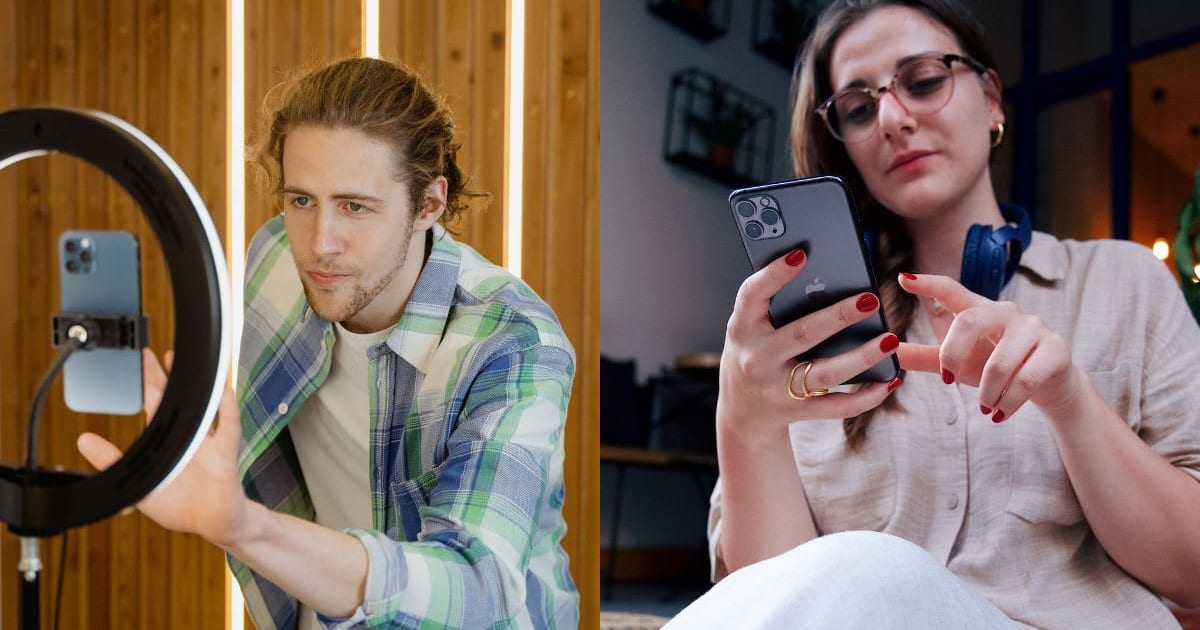 (L) A man recording himself at home. (R) A woman scrolling on her phone. (Representative Cover Image Source: Pexels | L - Mart Production, R - iam hogir)