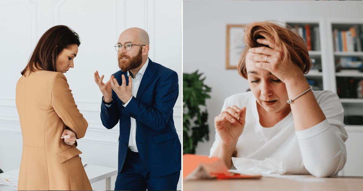 (L) Man yelling at a woman. (R) A woman feeling stressed while looking at bills. (Representative Cover Image Source: Pexels | (L) https://kaboompics.com/ , (R) Kaboompics)