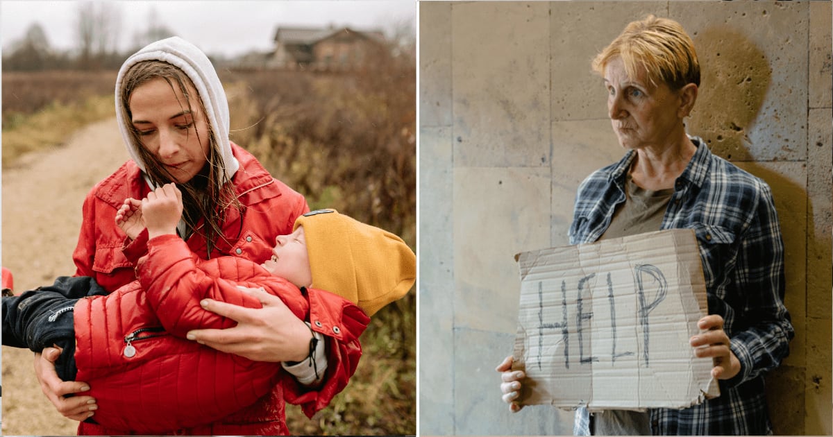 (L) A sad mother and child. (R) A homeless woman (Representative Cover Image Source: Pexels | (L) Yan Krukau, (R) MART PRODUCTION)