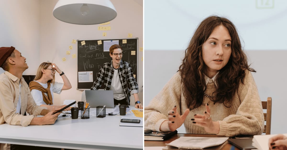 (L) Employees laughing while having a meeting. (R) A woman explaining something in a meeting. (Representative Cover Image Source: Pexels | (L) Tima Miroshnichenko, (R) Pavel Danilyuk)