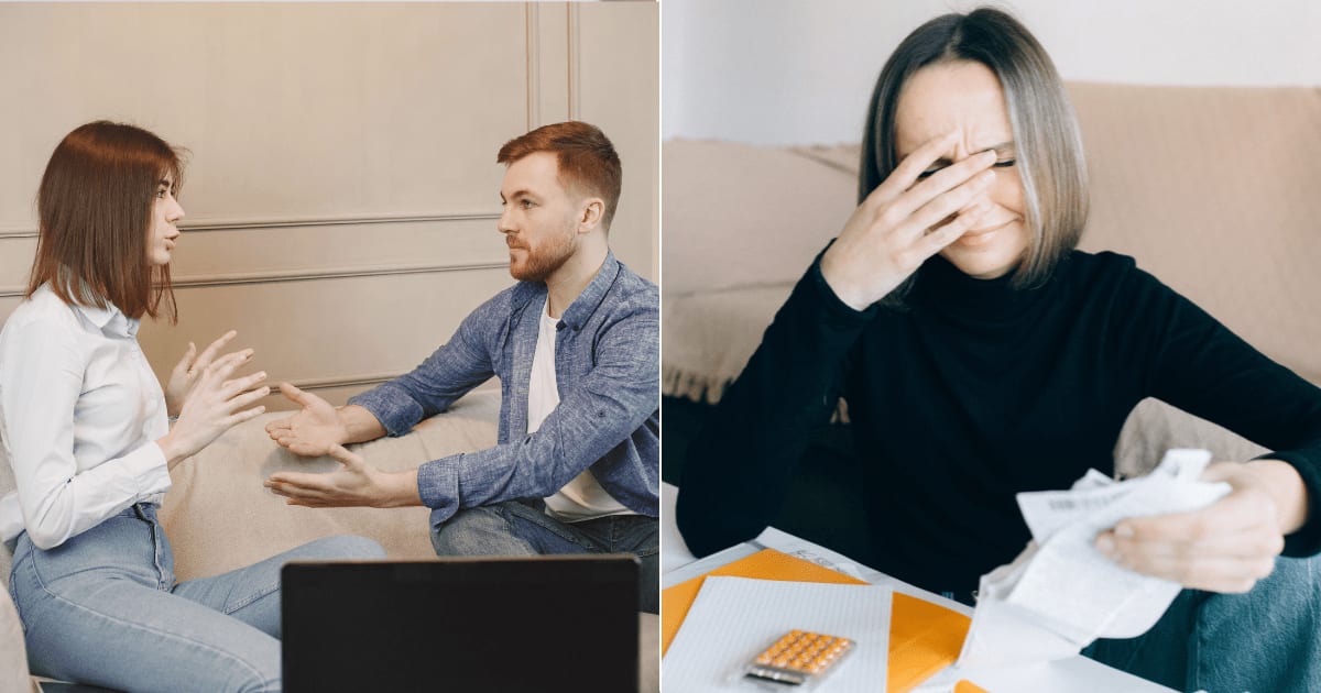 (L) Couple arguing. (R) Woman upset with bills. (Representative Cover Image Source: Pexels | (L) Gustavo Fring, (R) Nataliya Vaitkevich)
