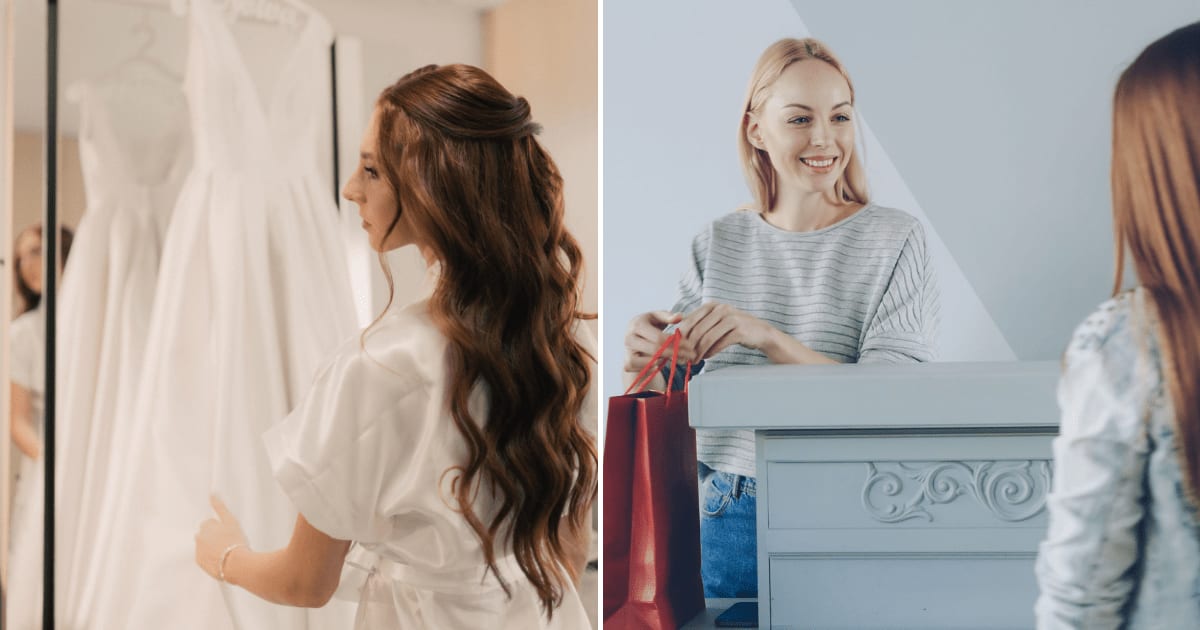 (L) A woman trying on wedding gowns at a store. (R) A saleswoman at the billing counter packing bags. (Representative Cover Image Source: Pexels | (L) Alexander Mass, (R) Vitaly Gariev)