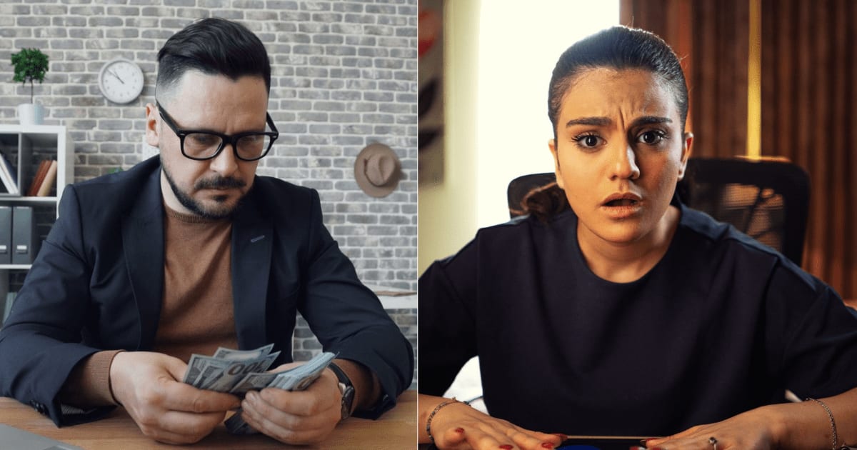 (L) A man is counting and setting aside money. (R) A woman looks in disbelief. (Representative Cover Image Source: Pexels| L - Vitaly Gariev, R - khezez | خزاز)