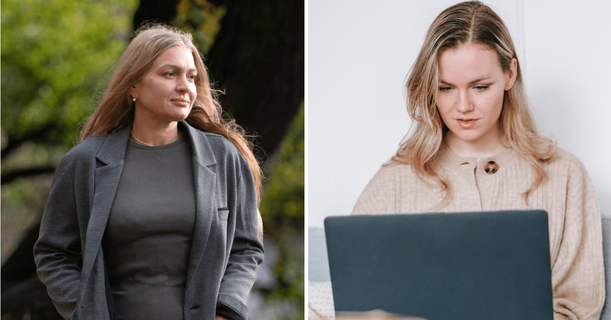 (L) Sad woman walking in park. (R) Woman using laptop. (Representative Cover Image Source: Pexels | (L) iddea photo, (R) George Milton)
