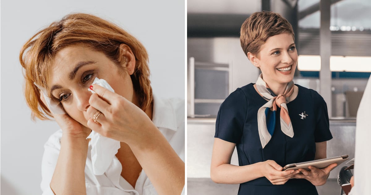 (L) A sad woman is wiping tears. (R) A flight attendant is speaking with a passenger. (Representative Cover Image Source: L - Pexels| kaboompics, R - Getty Images| westend61)