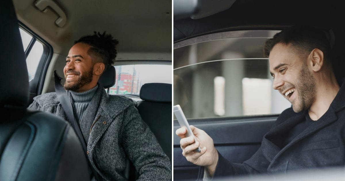 (L) A man in the back seat of a car laughing. (R) A man smiling at his phone while sitting in a car. (Representative Cover Image Source: (L) Pexels | Vitaly Gariev, (R) Unsplash | Joshwa Figaroa)