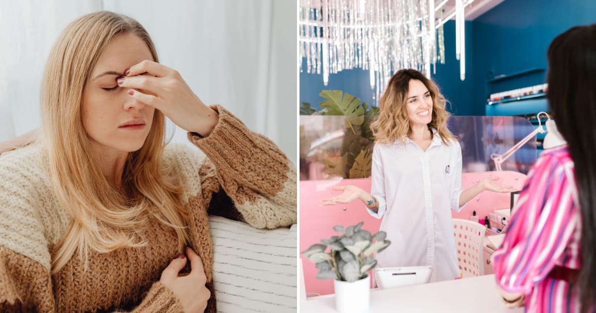 (L) A woman sitting at home with severe headache. (R) A receptionist at a salon welcoming a customer. (Representative Cover Image Source: Pexels | (L) Kaboompics, (R) RDNE Stock project)