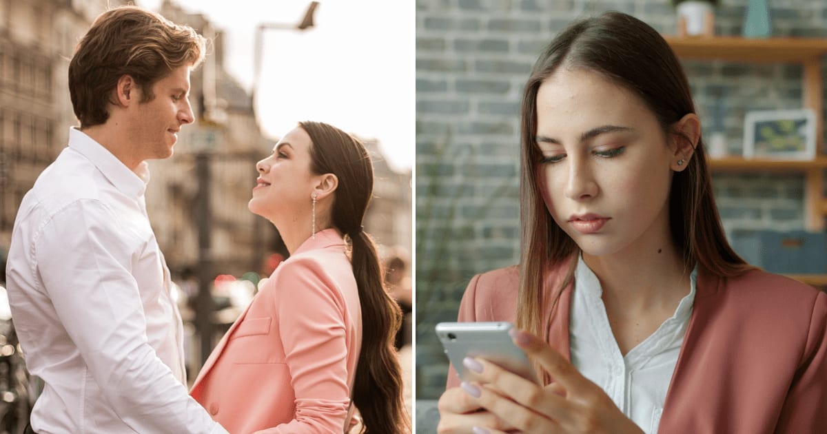 (L) A woman talking to a man at an event. (R) A woman upset while looking at her phone. (Representative Cover Image Source: Pexels | (L) Eugenia Remark, (R) Vitaly Gariev)